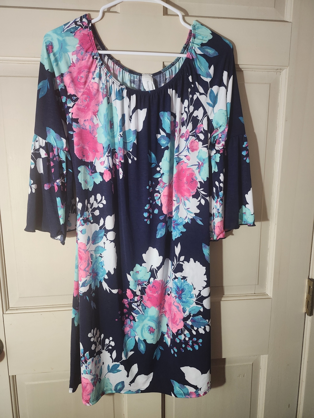 Honeyme Navy Floral Long Sleeve Tunic Dress - Pink & Teal